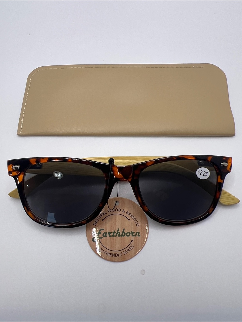 Men’s Tortoise +2.25 Reading Sunglasses w/Bamboo Temples - Brown/Black - NWOT-P5